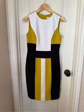 Calvin Klein Colorblock Sheath Dress in White, Mustard & Black